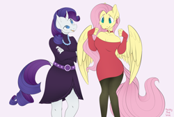 Size: 3697x2500 | Tagged: safe, artist:leopardsnaps, character:fluttershy, character:rarity, species:anthro, species:human, species:pegasus, species:pony, species:unicorn, g4, belt, choker, clothing, dress, duo, ear piercing, earring, humanized, jewelry, leggings, necklace, pearl necklace, piercing, species swap, tight clothing, tights