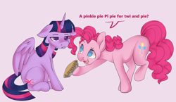 Size: 3500x2032 | Tagged: safe, artist:leopardsnaps, character:pinkie pie, character:twilight sparkle, g4, annoyed, dialogue, duo, food, happy, pi, pie, pun, simple background, text