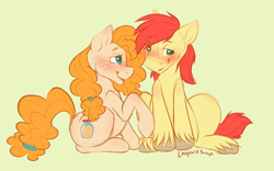 Size: 4000x2500 | Tagged: safe, artist:leopardsnaps, character:bright mac, character:pear butter, ship:brightbutter, g4, apple family member, blushing, duo, eyes half closed, female, freckles, loving gaze, male, raised hoof, shipping, shy, simple background, sitting, straight