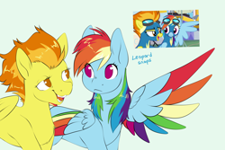 Size: 3300x2200 | Tagged: safe, artist:leopardsnaps, character:rainbow dash, species:pegasus, species:pony, g4, character:spit, colored wings, duo, gay, male, screencap reference, simple background, wings, wonderbolts