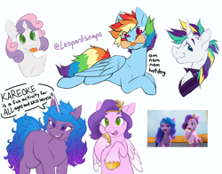 Size: 4000x3132 | Tagged: safe, artist:leopardsnaps, character:izzy moonbow, character:pipp petals, character:rainbow dash, character:rarity, character:sweetie belle, species:pegasus, species:pony, species:unicorn, episode:it isn't the mane thing about you, g4, g5, gasp, gradient hair, hotdog, looking at you, mad, multicolored hair, om nom nom, pipp wings, punk, punkity, screencap reference, scrunchy face, surprised, tongue out