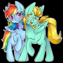 Size: 3000x3000 | Tagged: safe, artist:leopardsnaps, character:lightning dust, character:rainbow dash, species:pegasus, species:pony, ship:rainbowdust, g4, black background, blushing, duo, looking at each other, looking at someone, shipping, simple background