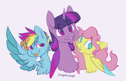 Size: 2589x1665 | Tagged: safe, artist:leopardsnaps, character:fluttershy, character:rainbow dash, character:twilight sparkle, species:alicorn, species:pegasus, species:pony, ship:flutterdash, ship:twidash, ship:twishy, g4, colored wings, different hairstyle, female, polyamory, shipping, simple background, smiling, tongue out, trio, trio female, wings