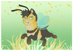 Size: 1550x1074 | Tagged: safe, artist:leopardsnaps, oc, oc only, abstract background, antennae, bee, bee pony, bee wings, fluffy, smiling, solo, stinger