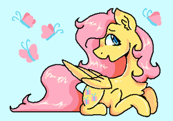 Size: 358x251 | Tagged: safe, artist:leopardsnaps, character:fluttershy, g4, butterfly, digital art, looking at you, lying down, ms paint, shy, simple background, solo