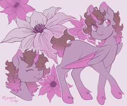Size: 1800x1500 | Tagged: safe, artist:leopardsnaps, oc, oc only, species:pegasus, species:pony, colored wings, flower, happy, looking away, simple background, solo, wings