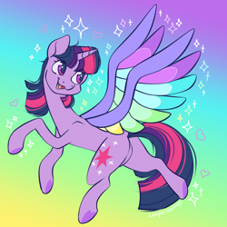Size: 3000x3000 | Tagged: safe, artist:leopardsnaps, character:twilight sparkle, friendship is magic: rainbow roadtrip, g4, my little pony: friendship is magic, butts, gradient background, happy, looking at something, rainbow, simple background, smiling, solo, sparkles