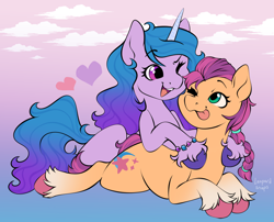 Size: 3000x2424 | Tagged: safe, artist:leopardsnaps, character:izzy moonbow, character:sunny starscout, species:earth pony, species:pony, species:unicorn, ship:starbow, g5, cuddling, duo, duo female, female, gradient hair, high res, lesbian, looking at each other, looking at someone, lying down, mare, multicolored hair, one eye closed, shipping, simple background, smiling, snuggling, tongue out, wink