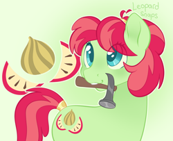 Size: 3700x3000 | Tagged: safe, artist:leopardsnaps, species:earth pony, species:pony, apple family member, hammer, simple background, solo