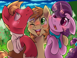 Size: 4000x3000 | Tagged: safe, artist:leopardsnaps, character:big mcintosh, character:feather bangs, character:sugar belle, species:earth pony, species:pony, species:unicorn, g4, apple family member, big smile, blushing, detailed background, hug, older big macintosh, older feather bangs, older sugar belle, polyamory, shipping, shocked, shocked expression, surprised, sweep apple acres, trio