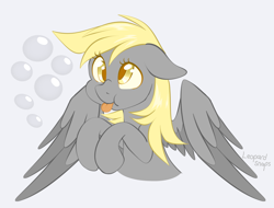 Size: 2100x1600 | Tagged: safe, artist:leopardsnaps, character:derpy hooves, g4, bubble, colored wings, derp, simple background, solo, tongue out, wings