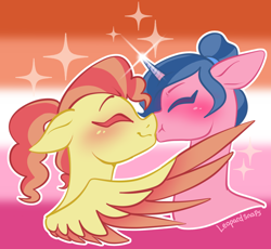 Size: 2170x2000 | Tagged: safe, artist:leopardsnaps, species:pegasus, species:pony, species:unicorn, g5, background pony, colored wings, duo, female, kissing, lesbian, pride, pride flag, pride flag background, scrunchy face, shipping, smooch, sparkles, wings