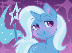 Size: 1900x1400 | Tagged: safe, artist:leopardsnaps, character:trixie, species:pony, species:unicorn, g4, blushing, eyes half closed, looking at you, simple background, solo, sparkles