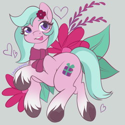 Size: 2700x2700 | Tagged: safe, artist:leopardsnaps, character:dahlia, g5, clothing, flower, flower in hair, looking at you, raised hoof, scarf, simple background, smiling, solo