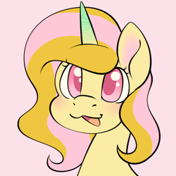 Size: 3000x3000 | Tagged: safe, artist:leopardsnaps, oc, oc only, oc:golden rose, species:pony, species:unicorn, :3, gradient horn, happy, looking at you, simple background, smiling, solo