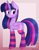 Size: 1960x2520 | Tagged: safe, alternate version, artist:imbirgiana, character:twilight sparkle, character:twilight sparkle (alicorn), species:alicorn, species:pony, g4, blushing, clothing, cute, eye clipping through hair, eyebrows, eyebrows visible through hair, female, folded wings, high res, horn, looking back, mare, signature, smiling, socks, solo, striped socks, twiabetes, wings