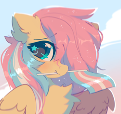 Size: 1302x1226 | Tagged: safe, artist:mirtash, character:fluttershy, species:pegasus, species:pony, g4, bust, chest fluff, cute, ear fluff, female, hair over one eye, holding, looking at you, mare, mouth hold, pride, pride flag, shyabetes, solo, starry eyes, transgender pride flag, wingding eyes, wings