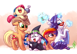Size: 1700x1200 | Tagged: safe, artist:whitediamonds, character:apple bloom, character:applejack, character:rainbow dash, character:rarity, character:scootaloo, character:sweetie belle, species:earth pony, species:pegasus, species:pony, species:unicorn, ship:rarijack, g4, adorabloom, apple family member, apple sisters, applejack's hat, belle sisters, clothing, costume, cowboy hat, crusaderbetes, cute, cutealoo, cutie mark crusaders, diasweetes, female, filly, floppy ears, freckles, glasses, glowing horn, group, halloween, hat, holiday, horn, jackabetes, lesbian, levitation, looking at each other, looking at someone, magic, magic aura, mare, nightmare night, nightmare night costume, open mouth, open smile, pirate, quintet, raribetes, rarijack daily, rarity's glasses, shipping, siblings, signature, sisters, sitting, smiling, sparkles, stetson, telekinesis, underhoof, witch, young