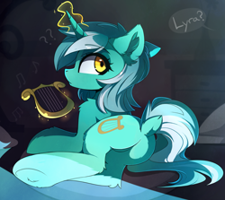 Size: 2341x2090 | Tagged: safe, alternate version, artist:magnaluna, character:lyra heartstrings, species:pony, species:unicorn, g4, butt, dock, ear fluff, eyebrows, eyebrows visible through hair, featureless crotch, female, fluffy, glowing horn, high res, hoof fluff, horn, indoors, leg fluff, levitation, lying down, lyre, lyrebutt, magic, magic aura, mare, musical instrument, offscreen character, on side, plot, question mark, solo, tail, telekinesis