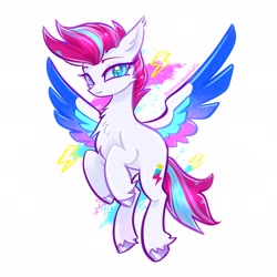 Size: 2048x2048 | Tagged: safe, artist:qwennondeathdie, character:zipp storm, species:pegasus, species:pony, g5, adorazipp, chest fluff, colored eyebrows, colored wings, cute, ear fluff, eyebrows, female, flying, high res, looking at you, mare, multicolored wings, signature, simple background, solo, spread wings, unshorn fetlocks, white background, wings