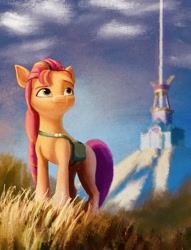 Size: 1620x2116 | Tagged: safe, artist:hoofy_0415, character:sunny starscout, species:earth pony, species:pony, g5, bag, colored eyebrows, crystal brighthouse, eyebrows, female, mane stripe sunny, mare, outdoors, saddle bag, smiling, solo