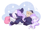 Size: 2712x1916 | Tagged: safe, artist:lightning-stars, oc, oc:gloaming sheen, species:pony, species:unicorn, bear, female, filly, pillow, plushie, sleeping, teddy bear, toy, ych result, young