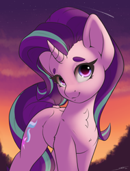 Size: 1900x2500 | Tagged: safe, artist:skitsroom, character:starlight glimmer, species:pony, species:unicorn, g4, chest fluff, colored eyebrows, cute, eyebrows, female, glimmerbetes, high res, horn, looking at you, mare, outdoors, shooting star, signature, sky, smiling, smiling at you, solo, stars