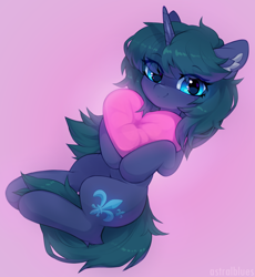 Size: 2384x2591 | Tagged: safe, artist:astralblues, oc, oc only, oc:arclight, species:pony, species:unicorn, cute, ear fluff, eye clipping through hair, eyebrows, eyebrows visible through hair, female, heart, heart pillow, high res, horn, hug, leg fluff, looking at you, mare, ocbetes, pillow, pillow hug, pink background, simple background, smiling, smiling at you, solo, unicorn oc