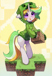 Size: 2259x3285 | Tagged: safe, artist:astralblues, oc, oc only, oc:lemonswoosh, species:pony, species:unicorn, bipedal, clothing, cosplay, costume, creeper (minecraft), crossover, cute, eye clipping through hair, eyebrows, eyebrows visible through hair, female, floppy ears, high res, hoodie, horn, mare, minecraft, ocbetes, solo, tongue out, unicorn oc, video game