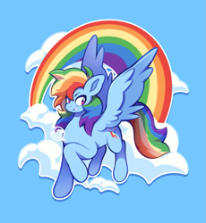 Size: 1071x1166 | Tagged: safe, artist:eggomancer, character:rainbow dash, species:pegasus, species:pony, g4, cloud, female, flying, grin, mare, rainbow, signature, sky, smiling, solo, spread wings, wings