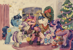 Size: 3987x2726 | Tagged: safe, artist:the-wizard-of-art, manebooru spotlight, character:night light, character:princess cadance, character:princess flurry heart, character:shining armor, character:twilight sparkle, character:twilight sparkle (alicorn), character:twilight velvet, species:alicorn, species:pony, species:unicorn, ship:nightvelvet, ship:shiningcadance, g4, 2021, aunt, aunt and niece, best aunt ever, brother and sister, carpet, christmas, christmas 2021, christmas tree, christmas wreath, clothing, couple, cute, daughter, daughter-in-law, eyebrows, eyes closed, family, family reunion, father, father and child, father and daughter, father and daughter-in-law, father and son, female, filly, floppy ears, flurrybetes, foal, folded wings, grandfather and grandchild, grandfather and granddaughter, grandmother, grandmother and grandchild, grandmother and granddaughter, grin, group, hat, hearth's warming, high res, holiday, horn, hug, husband, husband and wife, indoors, looking at each other, looking at someone, male, mare, mother, mother and child, mother and daughter, mother and daughter-in-law, mother and son, niece, open mouth, open smile, painting, parent and child, profile, reunion, sextet, shipping, siblings, signature, smiling, son, sparkle family, spread wings, stallion, straight, sweater, traditional art, tree, wall of tags, watercolor painting, wife, wings, wreath, young