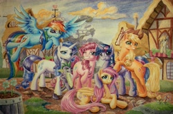 Size: 4575x3014 | Tagged: safe, artist:the-wizard-of-art, character:applejack, character:derpy hooves, character:fluttershy, character:pinkie pie, character:rainbow dash, character:rarity, character:spike, character:twilight sparkle, character:twilight sparkle (unicorn), species:earth pony, species:pegasus, species:pony, species:unicorn, g4, apple family member, applejack's hat, clothing, cowboy hat, crossed arms, eyebrows, female, floppy ears, flying, folded wings, freckles, grin, hat, high res, horn, looking at you, lying down, mane seven, mane six, mare, one eye closed, outdoors, painting, ponyville, prone, raised hoof, smiling, smiling at you, spread wings, stetson, traditional art, watercolor painting, wings, wink, winking at you