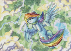 Size: 6948x5043 | Tagged: safe, artist:the-wizard-of-art, character:rainbow dash, species:pegasus, species:pony, g4, absurd file size, absurd resolution, belly, cute, dashabetes, eyebrows, eyes closed, female, floating, flying, mare, painting, peaceful, smiling, solo, spread wings, traditional art, watercolor painting, wings