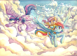 Size: 6895x5064 | Tagged: safe, artist:the-wizard-of-art, character:rainbow dash, character:scootaloo, character:twilight sparkle, character:twilight sparkle (alicorn), species:alicorn, species:pegasus, species:pony, g4, absurd resolution, cloud, cloudsdale, colored eyebrows, commission, eyebrows, female, filly, flying, horn, looking at each other, looking at someone, mare, open mouth, open smile, painting, ponies riding ponies, riding, scootaloo riding rainbow dash, scootalove, signature, sky, smiling, smiling at each other, spread wings, the cmc's cutie marks, traditional art, trio, underhoof, watercolor painting, wings, young