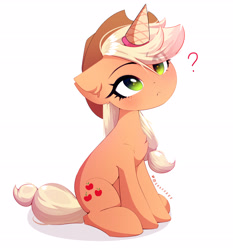 Size: 2481x2664 | Tagged: safe, artist:tatar.sauce, character:applejack, species:earth pony, species:pony, g4, apple family member, applejack's hat, behaving like a cat, chest fluff, clothing, cowboy hat, cute, ear fluff, eyebrows, fake horn, female, floppy ears, food, hat, high res, ice cream, ice cream cone, ice cream horn, jackabetes, looking up, mare, question mark, signature, silly, silly pony, simple background, sitting, solo, stetson, white background, who's a silly pony