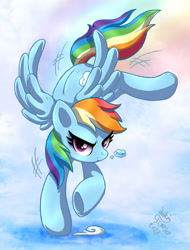 Size: 1590x2090 | Tagged: safe, artist:joakaha, character:rainbow dash, species:pegasus, species:pony, g4, cloud, female, flying, landing, looking at you, mare, signature, solo, spread wings, thought bubble, underhoof, wings