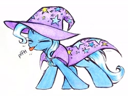 Size: 2574x1931 | Tagged: safe, artist:liaaqila, character:trixie, species:pony, species:unicorn, g4, brooch, cape, clothing, commission, cute, diatrixes, eyebrows, eyes closed, female, hat, high res, horn, jewelry, mare, onomatopoeia, raspberry, raspberry noise, signature, simple background, solo, tongue out, traditional art, trixie's brooch, trixie's cape, trixie's hat, white background, wizard hat