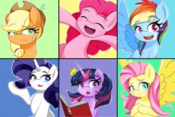 Size: 2048x1365 | Tagged: safe, artist:zeon_starlight, character:applejack, character:fluttershy, character:pinkie pie, character:rainbow dash, character:rarity, character:twilight sparkle, character:twilight sparkle (unicorn), species:earth pony, species:pegasus, species:pony, species:unicorn, g4, apple family member, applejack's hat, blushing, book, bust, clothing, colored eyebrows, cowboy hat, emanata, eye clipping through hair, eyebrows, eyebrows visible through hair, eyes closed, female, freckles, group, hat, horn, looking at you, mane six, mare, open mouth, open smile, portrait, reading, sextet, smiling, smiling at you, spread wings, stetson, sweat, wings