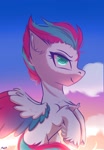 Size: 1038x1493 | Tagged: safe, artist:maxi_ponie, character:zipp storm, species:pegasus, species:pony, g5, chest fluff, cloud, colored wings, eyebrows, female, flying, hoof fluff, hooves, mare, multicolored wings, profile, signature, sky, solo, spread wings, unshorn fetlocks, wings