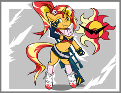 Size: 1280x985 | Tagged: safe, artist:sallycars, character:sunset shimmer, species:pony, species:unicorn, g4, my little pony:equestria girls, belt, bikini, bikini top, bipedal, boots, clothing, cosplay, costume, crossover, digital art, female, grin, gun, hoof on face, kamina sunglasses, looking at you, mare, ms paint, passepartout, shoes, shorts, smiling, solo, sunglasses, sunset shimmer day, swimsuit, tengen toppa gurren lagann, weapon, yoko littner