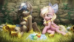 Size: 4533x2550 | Tagged: safe, artist:inowiseei, oc, oc only, oc:bay breeze, oc:cloud zapper, species:pegasus, species:pony, armor, bow, clothing, cupcake, duo, duo male and female, eyebrows, female, folded wings, food, grass, guard, guardsmare, hair bow, high res, hoof shoes, male, mare, muffin, open mouth, outdoors, pegasus oc, picnic, picnic blanket, royal guard, shoes, signature, sitting, stallion, wings