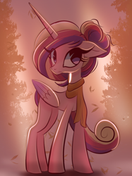 Size: 2048x2732 | Tagged: safe, artist:thebigstuff89, character:princess cadance, species:alicorn, species:pony, g4, autumn, clothing, female, folded wings, high res, horn, leaves, looking at you, mare, scarf, solo, wings
