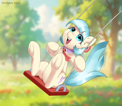 Size: 2548x2200 | Tagged: safe, artist:vinilyart, artist:vinilyart_d, character:coco pommel, species:earth pony, species:pony, g4, blurred background, cocobetes, cute, female, frog (hoof), high res, hoofbutt, hooves, mare, open mouth, open smile, outdoors, signature, smiling, solo, swing, swinging, underhoof