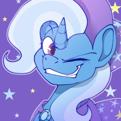 Size: 2048x2048 | Tagged: safe, artist:skeledoodles, character:trixie, species:pony, g4, brooch, cape, clothing, eyebrows, female, hat, high res, horn, jewelry, looking at you, mare, one eye closed, solo, stars, trixie's brooch, trixie's cape, trixie's hat, wink, winking at you, wizard hat