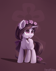 Size: 1800x2300 | Tagged: safe, artist:emeraldgalaxy, oc, oc only, species:pony, species:unicorn, commission, ear fluff, eye clipping through hair, eyebrows, eyebrows visible through hair, female, flower, flower in hair, high res, horn, mare, open mouth, open smile, signature, smiling, solo, unicorn oc