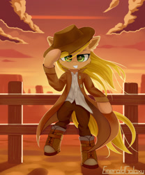 Size: 2500x3000 | Tagged: safe, artist:emeraldgalaxy, character:applejack, species:earth pony, species:pony, g4, apple family member, bipedal, boots, clothing, coat, cowboy hat, eyebrows, female, fence, freckles, grin, hat, high res, longcoat, looking at you, mare, outdoors, pants, shirt, shoes, signature, smiling, smiling at you, solo
