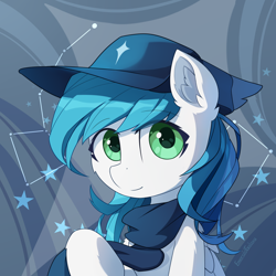 Size: 3000x3000 | Tagged: safe, artist:emeraldgalaxy, oc, oc only, oc:cynosura, species:pegasus, species:pony, bust, clothing, commission, constellation, ear fluff, eye clipping through hair, eyebrows, eyebrows visible through hair, female, hat, high res, looking at you, mare, pegasus oc, scarf, signature, smiling, smiling at you, solo