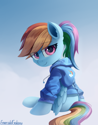 Size: 1500x1900 | Tagged: safe, artist:emeraldgalaxy, character:rainbow dash, species:pegasus, species:pony, g4, alternate hairstyle, clothing, cute, dashabetes, ear fluff, eye clipping through hair, eyebrows, eyebrows visible through hair, female, folded wings, gradient background, hoodie, looking at you, mare, ponytail, signature, sitting, smiling, smiling at you, solo, wings