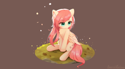 Size: 2650x1460 | Tagged: safe, artist:emeraldgalaxy, character:fluttershy, species:pegasus, species:pony, g4, backlighting, brown background, chest fluff, colored ear fluff, colored pinnae, cute, ear fluff, eyebrows, eyebrows visible through hair, female, folded wings, grass, mare, shyabetes, signature, simple background, sitting, solo, wings