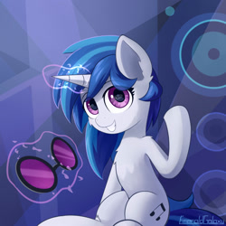 Size: 2000x2000 | Tagged: safe, artist:emeraldgalaxy, character:dj pon-3, character:vinyl scratch, species:pony, species:unicorn, g4, eye clipping through hair, eyebrows, eyebrows visible through hair, female, glasses, glowing horn, grin, high res, horn, levitation, looking at you, magic, magic aura, mare, raised hoof, signature, sitting, smiling, smiling at you, solo, speaker, speakers, telekinesis, vinyl's glasses